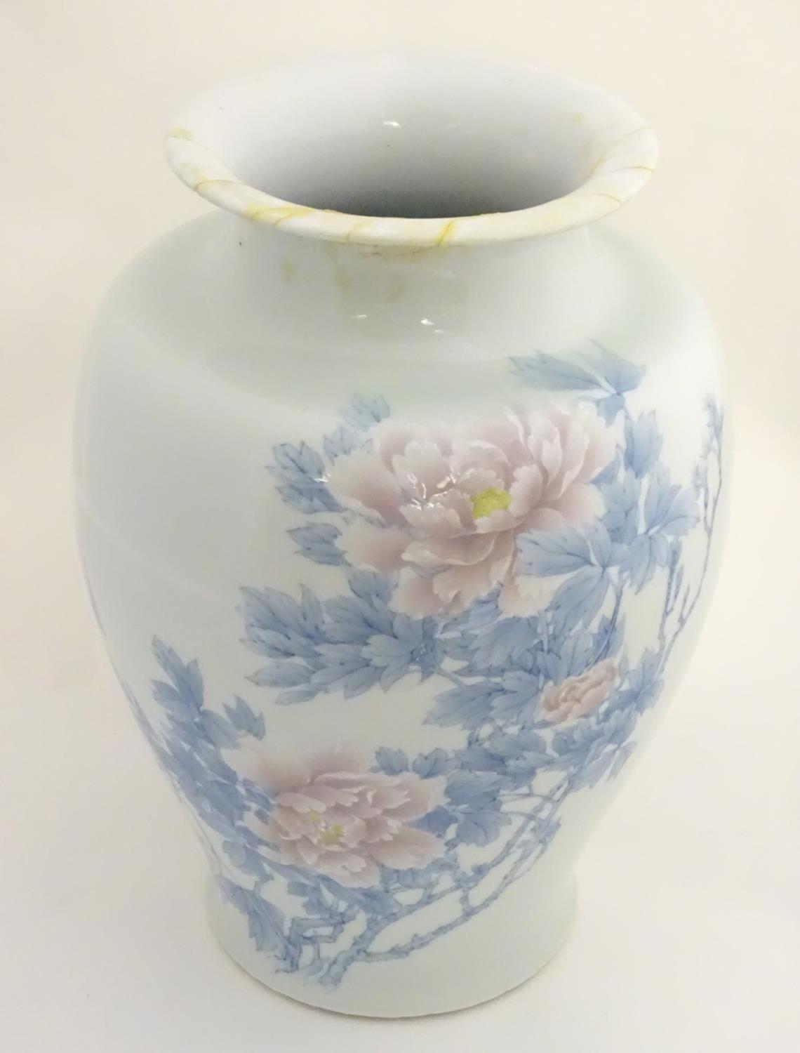 A Japanese Inoue Ryosai baluster vase with a flared rim, decorated with blue branches and leaves and - Image 4 of 8