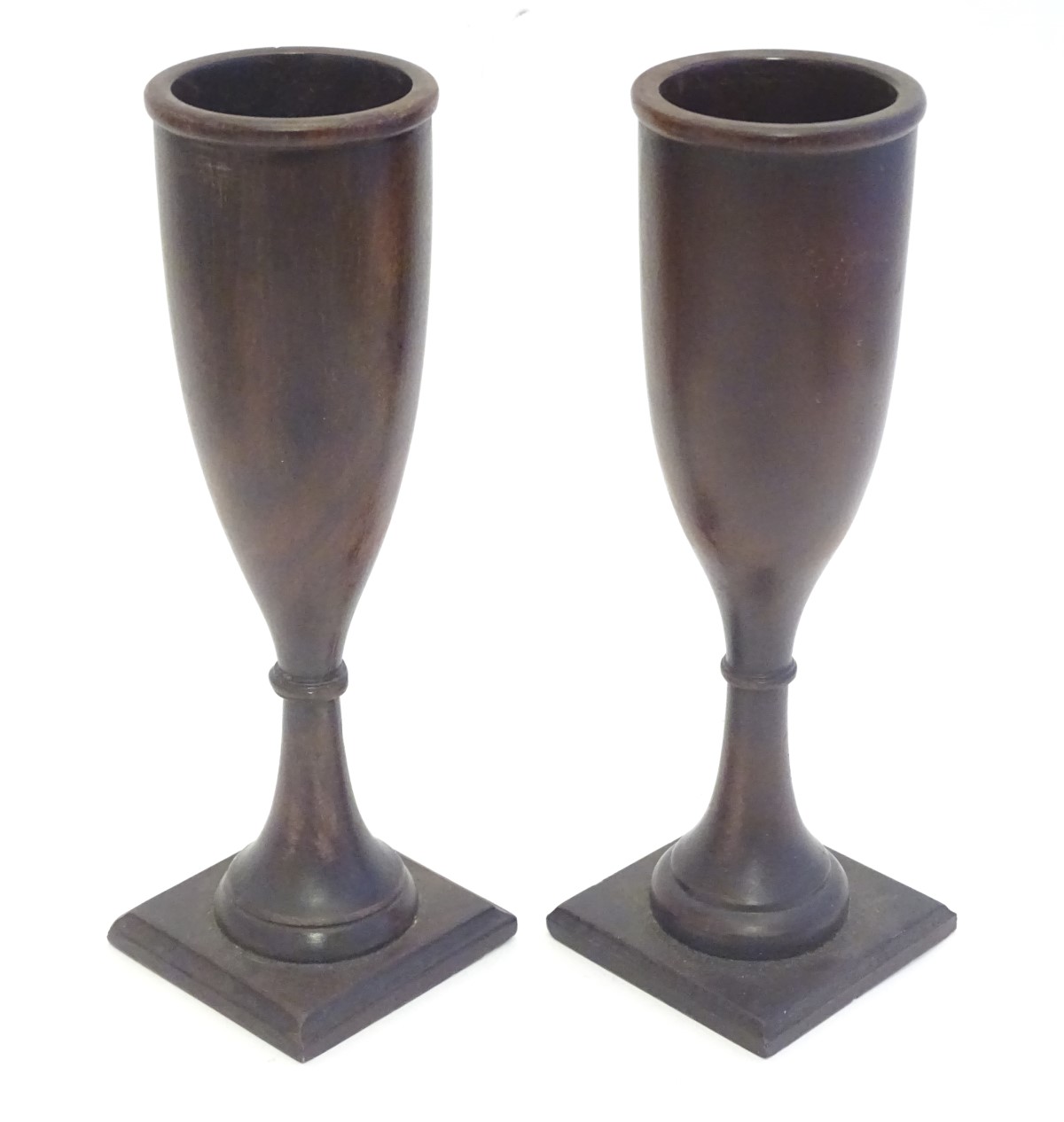 Treen: A pair of walnut turned fluted vases on squared bases. Approx. 7 7/8" high (2) Please