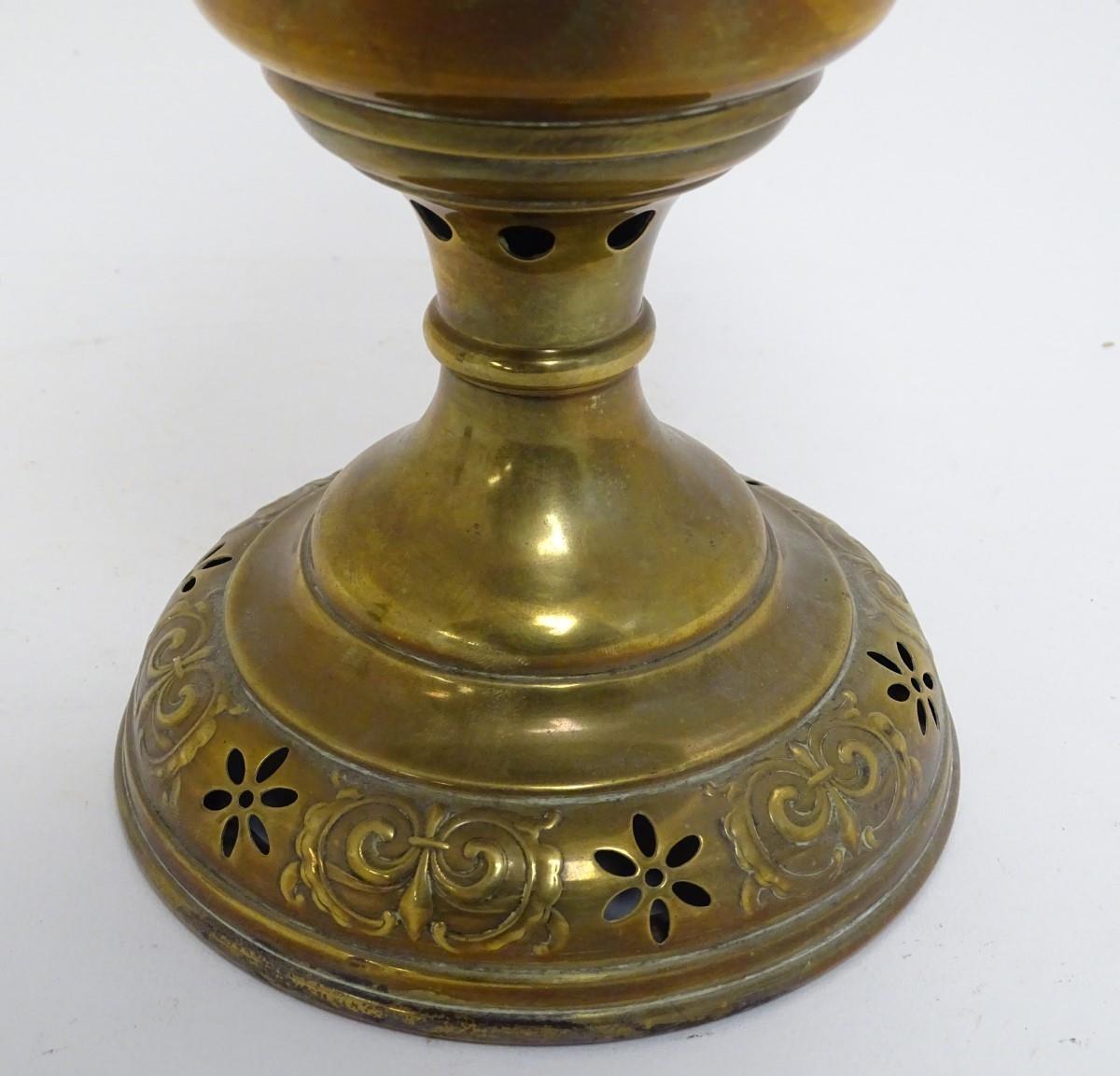 A Belgian c1930s Lempereur & Bernard oil lamp, the brass stand decorated with floral motifs and - Image 5 of 7
