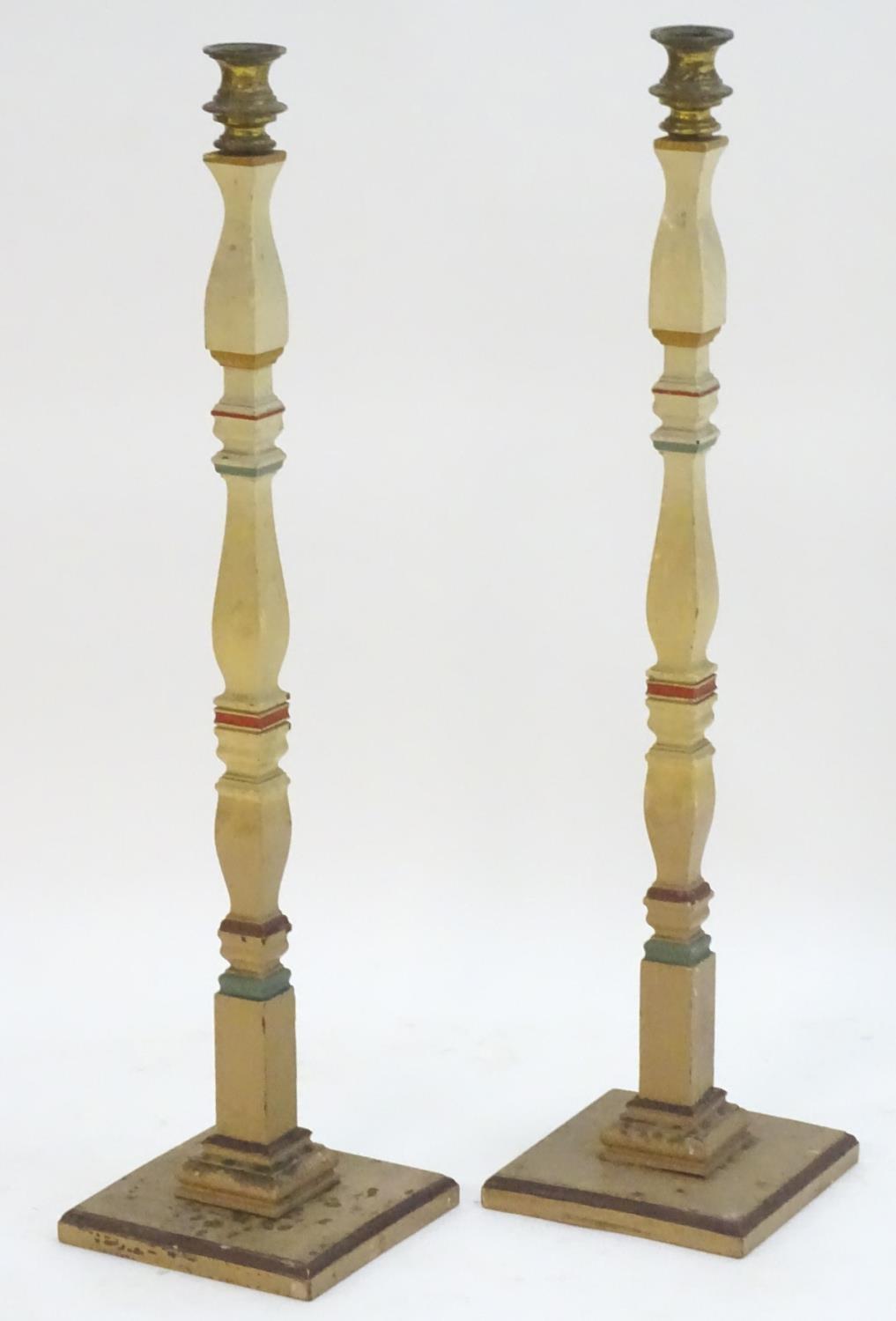 A pair of 20thC tall squared based candlesticks of carved wooden form with painted decoration and - Image 15 of 16
