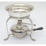 A silver plate burner and stand with silver plate dish to top decorated with Willow pattern