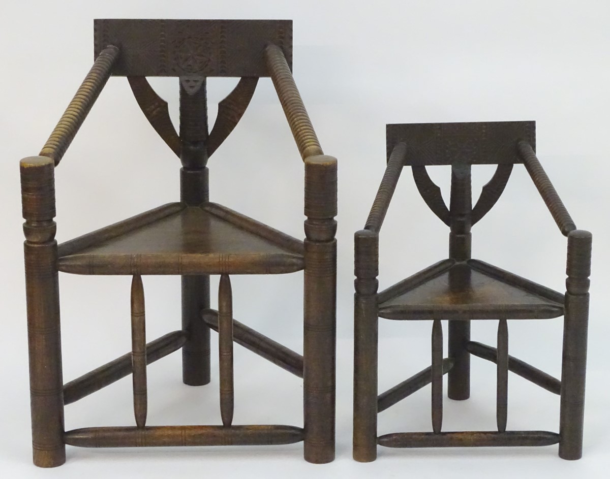 Two 19thC oak turners chairs with carved top rails, incised brackets and bobbin turned arms, the - Bild 8 aus 12