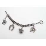 A silver watch chain / bracelet of heavy curb link chain set with various equine related large