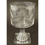 A 19thC glass rummer with engraved Sunderland bridge decoration with sailing ship and monogrammed