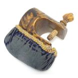 A late 19thC Tunbridge ware souvenir sewing clamp and pin cushion with a roundel depicting