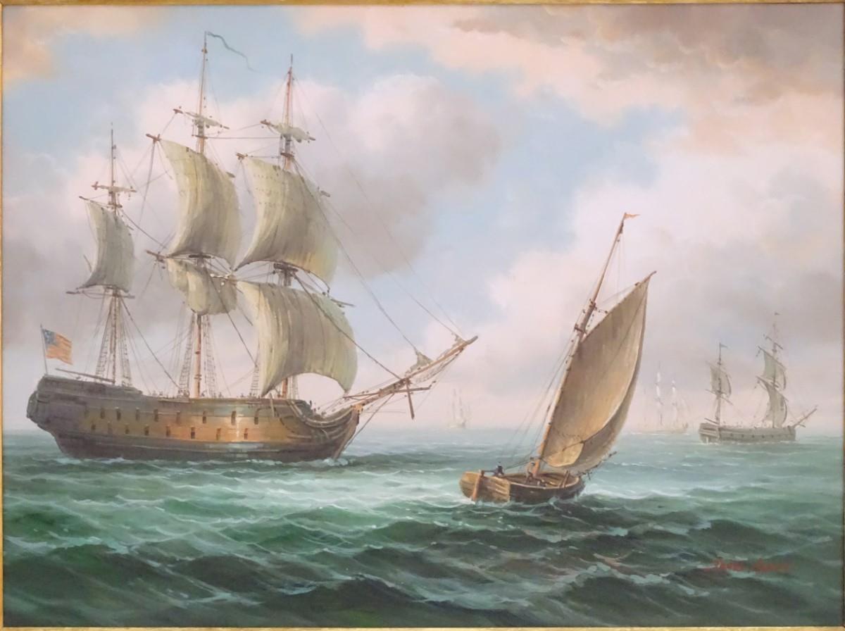 James Hardy, XX, Marine School, Oil on canvas board, An American warship at sea, with other ships - Image 4 of 7
