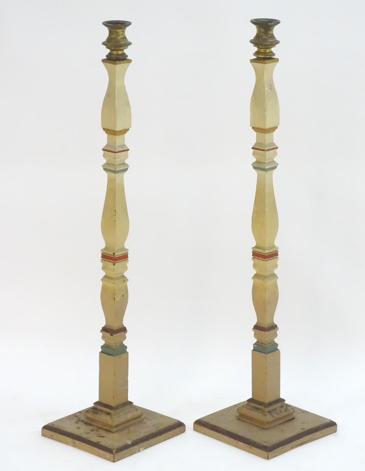 A pair of 20thC tall squared based candlesticks of carved wooden form with painted decoration and - Image 16 of 16