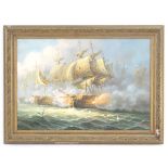 James Hardy, XX, Marine School, Oil on canvas board, A Naval sea battle with war ships firing.
