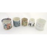 Five assorted Victorian mugs. Comprising a chinoiserie design with an oriental figure on horseback