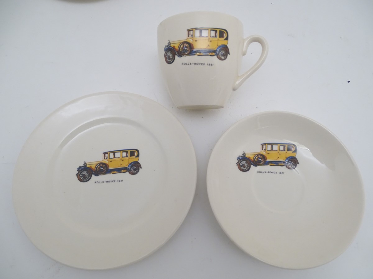 A mid-20thC ceramic part tea set, decorated with vintage automotive images, comprising 6 teacups, - Image 4 of 7