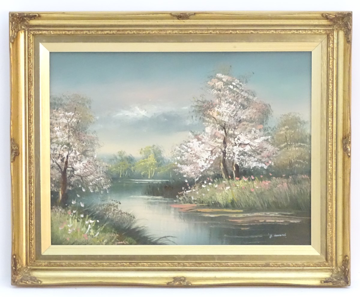 J Howard, XX, Oil on canvas, A river landscape with blossoming trees. Signed lower right. Approx. 11 - Image 5 of 9