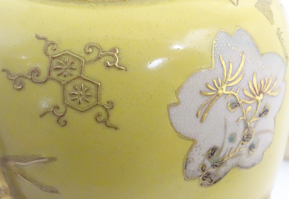 A Chinese yellow ground ginger jar with lid and lid liner. The body with gilt decoration in relief - Image 17 of 19