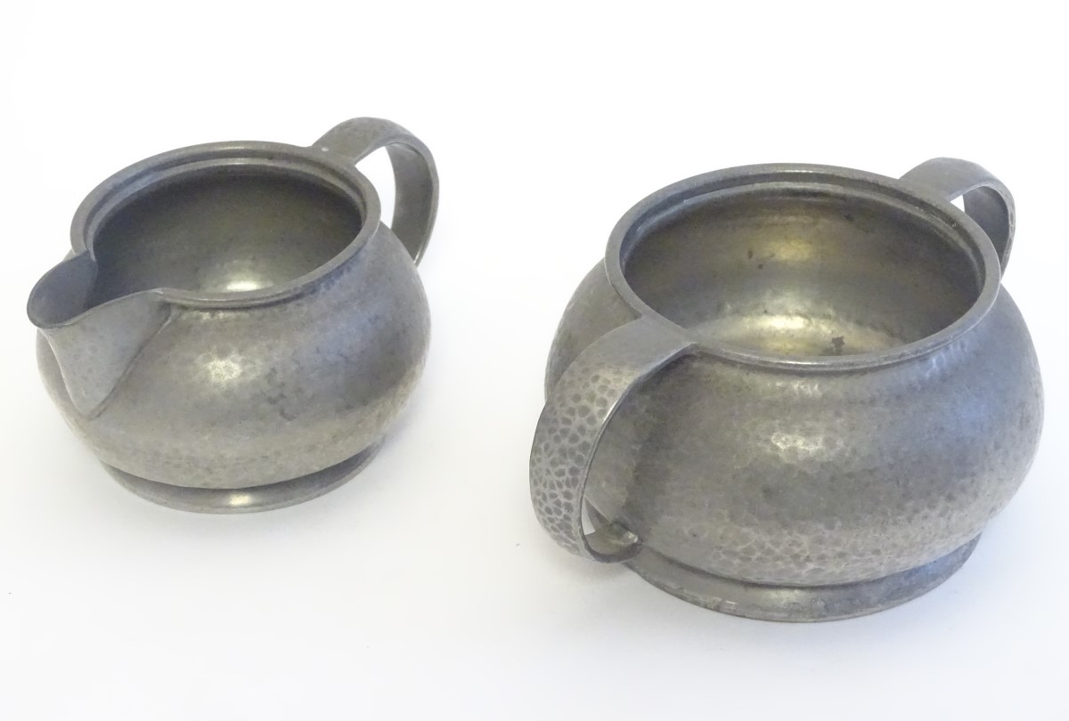 An early 20thC pewter milk jug and sugar bowl designed by Archibald Knox for the Tudric range by - Image 5 of 13