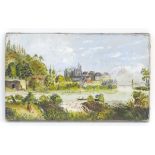 XX, Continental School, Oil on canvas, A river scene with figures, a medieval town, church and