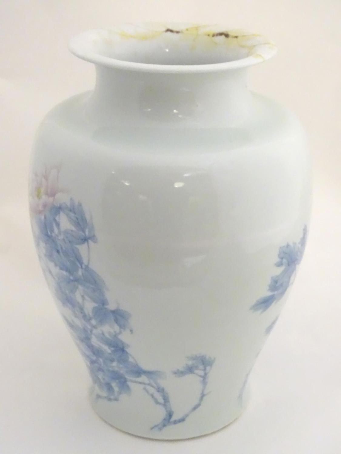 A Japanese Inoue Ryosai baluster vase with a flared rim, decorated with blue branches and leaves and - Image 6 of 8