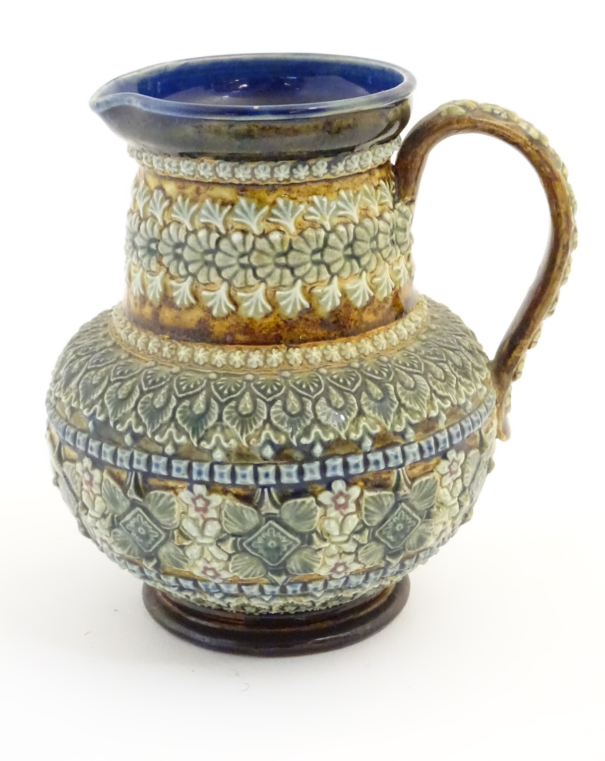 A 19thC Doulton Lambeth jug with a banded floral design in relief by Clara Baker. Doulton Lambeth - Image 5 of 7