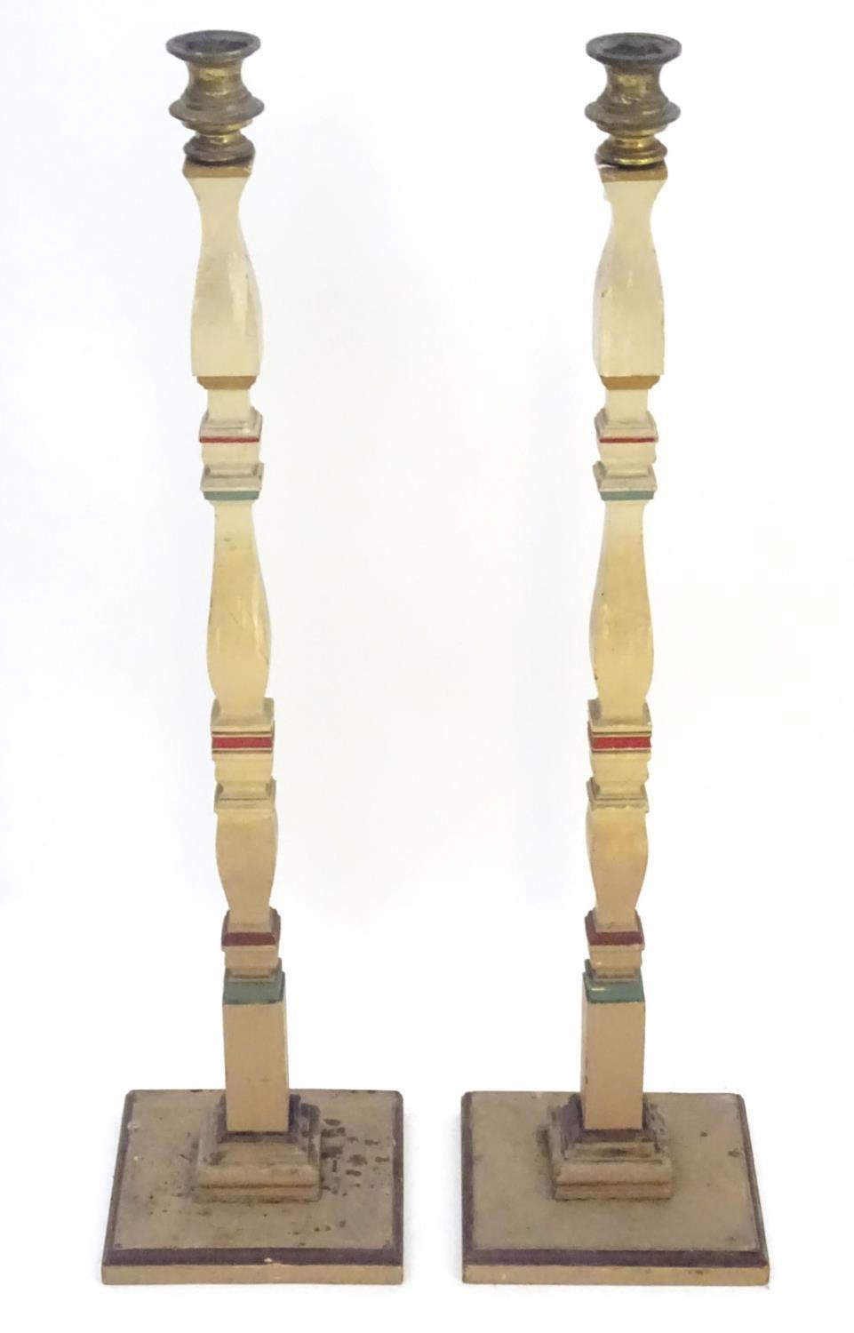 A pair of 20thC tall squared based candlesticks of carved wooden form with painted decoration and - Image 4 of 16