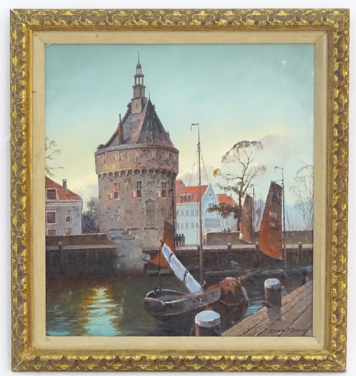 David Ronald, XX, Dutch School, Oil on canvas laid on board, Dutch canal with tower and fishing - Image 7 of 11