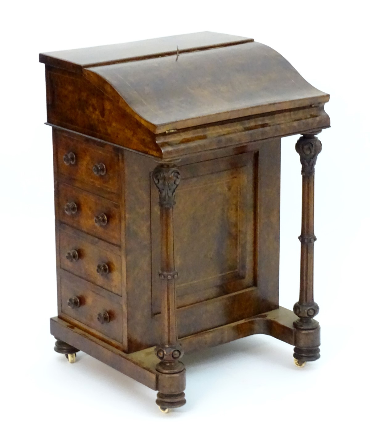 A mid 19thC burr walnut davenport with cross banding and decorative stringing, the top opening to - Image 3 of 11