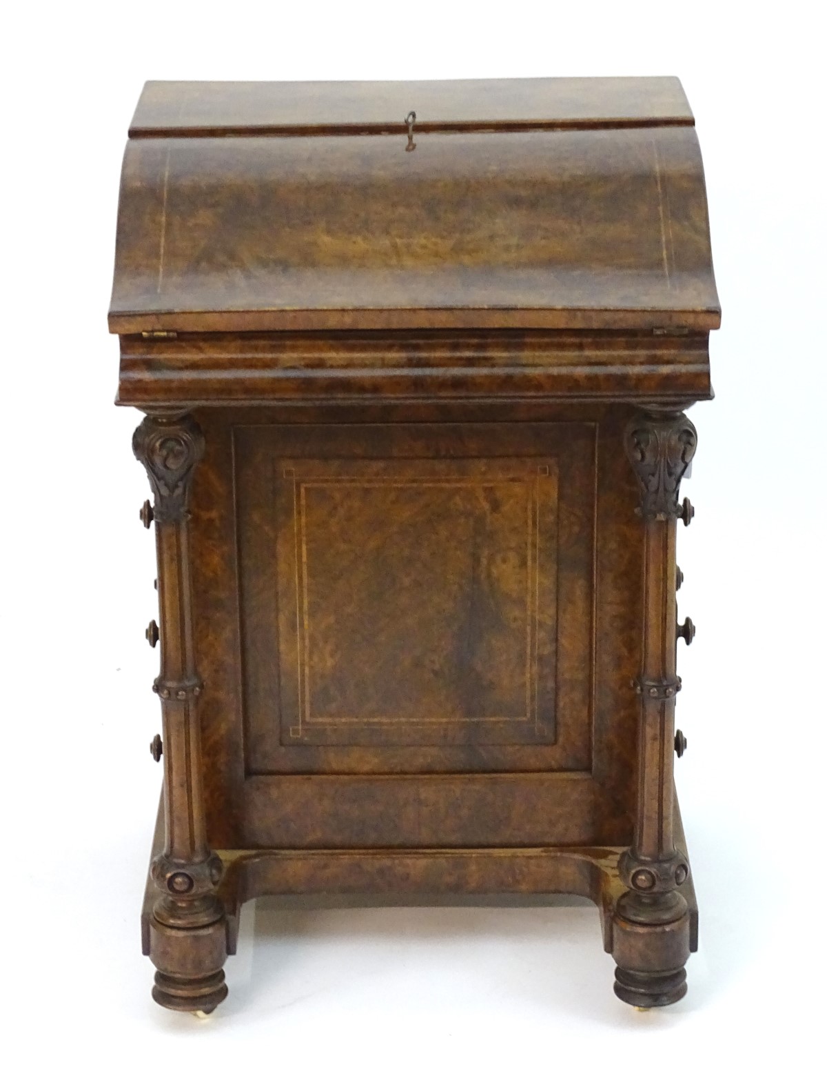 A mid 19thC burr walnut davenport with cross banding and decorative stringing, the top opening to - Image 5 of 11