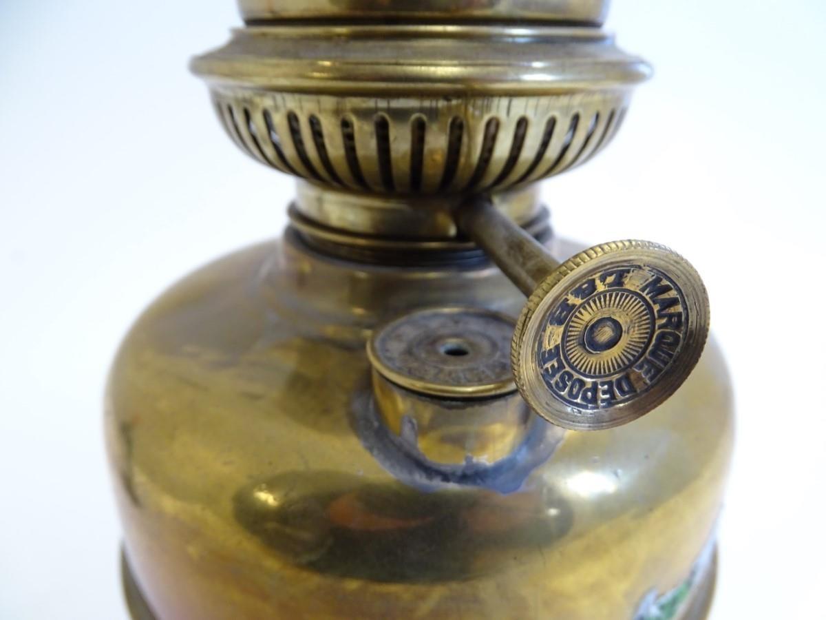 A Belgian c1930s Lempereur & Bernard oil lamp, the brass stand decorated with floral motifs and - Image 7 of 7