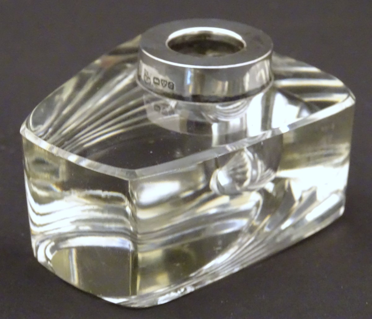 An early-20thC lead glass inkwell, the base with mitre cut decoration, silver rim hallmarked 1903 - Image 4 of 7