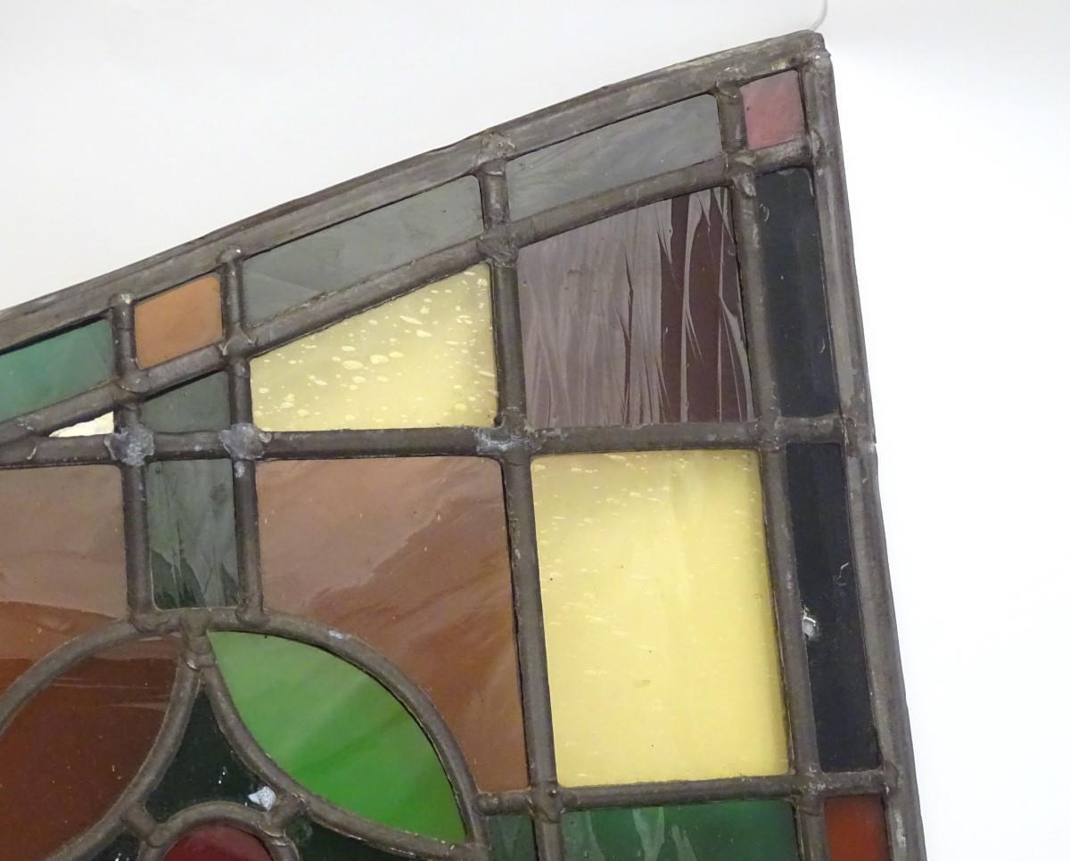 A pair of early 20thC lead and stained glass window / door panels, of irregular quadrilateral - Bild 9 aus 9