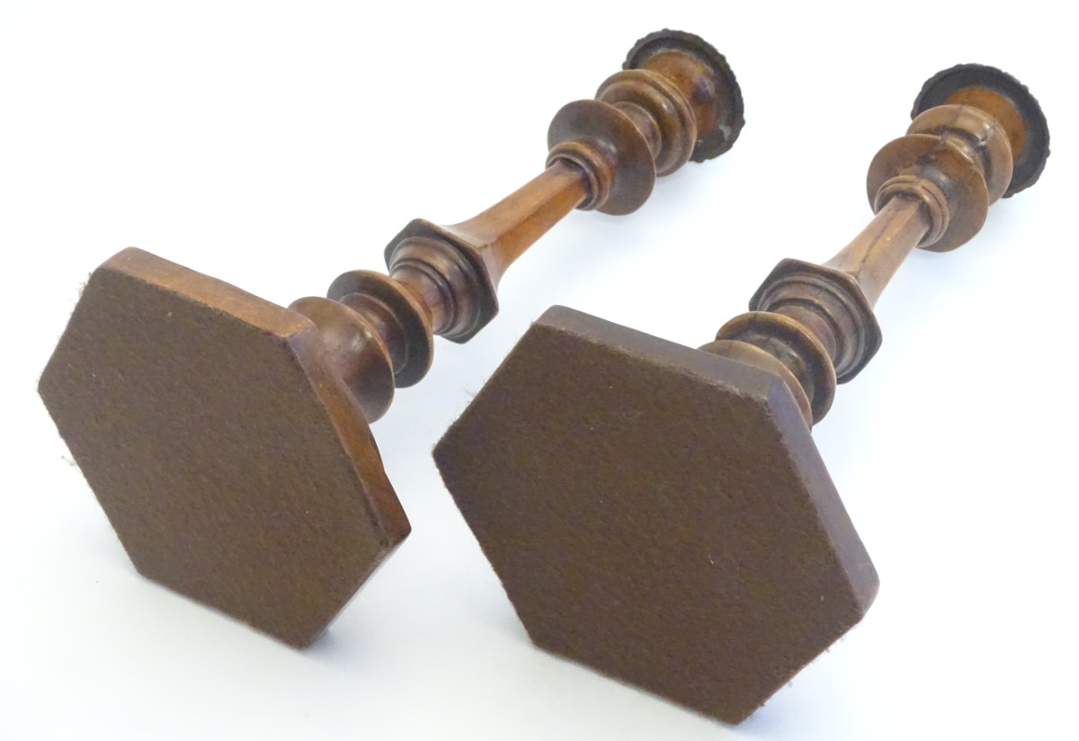 Treen: A pair of 19thC turned and carved wooden candlesticks with hexagonal bases. Approx. 10 3/4" - Image 6 of 8