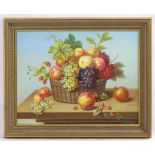 Tom Caspers, XX, Oil on canvas laid on board, Still life of fruit in a basket on a table, A study of