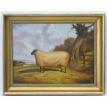 Manner of J. Box, Oil on canvas, A portrait of a prize sheep in a landscape. Approx. 11 1/2" 15 3/4"