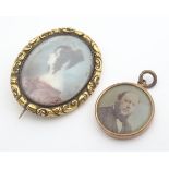 A 19thC yellow metal brooch set with a hand painted portrait miniature 1 1/2" long together with a