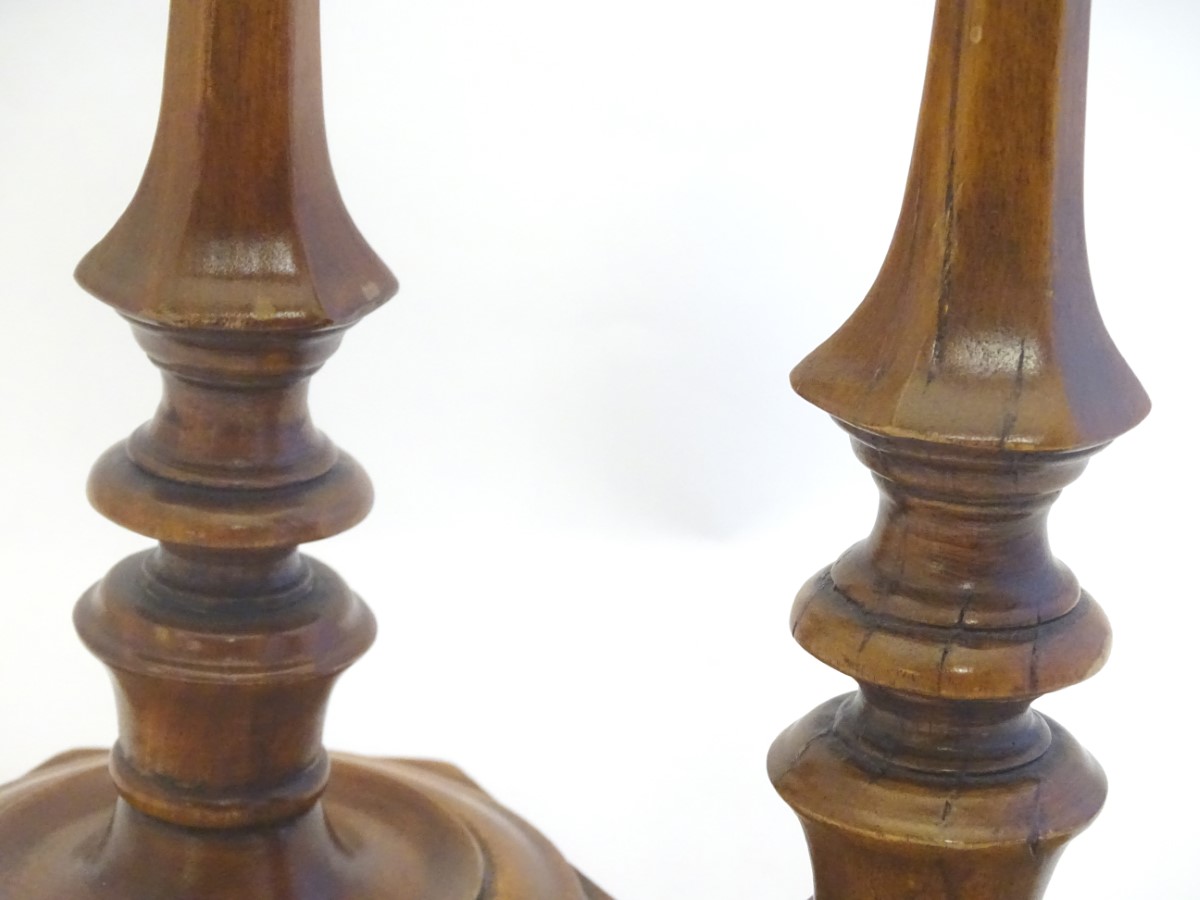 Treen: A pair of 19thC turned and carved wooden candlesticks with hexagonal bases. Approx. 10 3/4" - Image 8 of 8