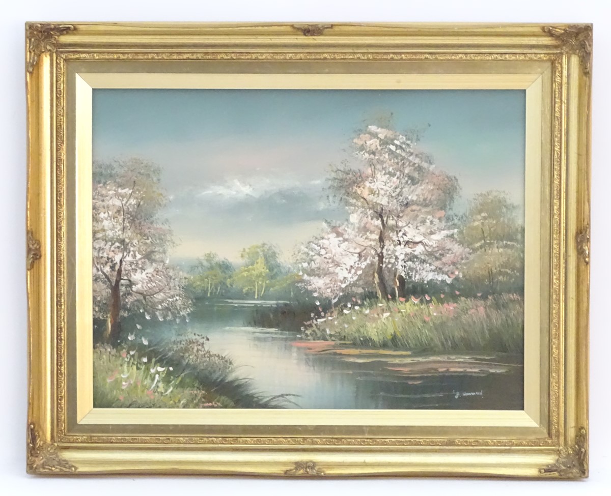 J Howard, XX, Oil on canvas, A river landscape with blossoming trees. Signed lower right. Approx. 11