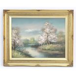 J Howard, XX, Oil on canvas, A river landscape with blossoming trees. Signed lower right. Approx. 11