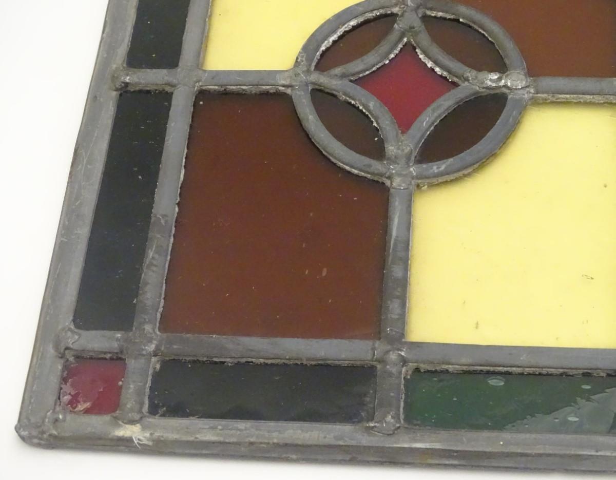 A pair of early 20thC lead and stained glass window / door panels, of irregular quadrilateral - Bild 7 aus 9