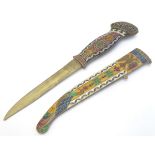A paper knife and scabbard cloisonne decoration depicting a double headed eagle and a peacock with
