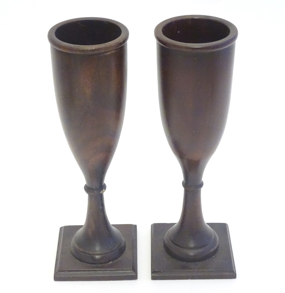 Treen: A pair of walnut turned fluted vases on squared bases. Approx. 7 7/8" high (2) Please - Image 4 of 7