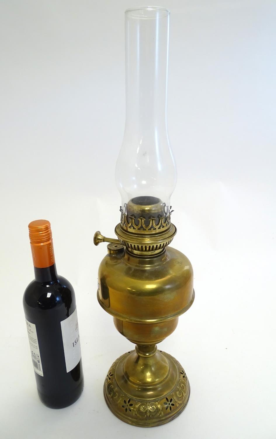 A Belgian c1930s Lempereur & Bernard oil lamp, the brass stand decorated with floral motifs and - Image 6 of 7