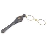 A 19thC tortoiseshell handled folding lorgnette spectacles / glasses. The case with an inlaid