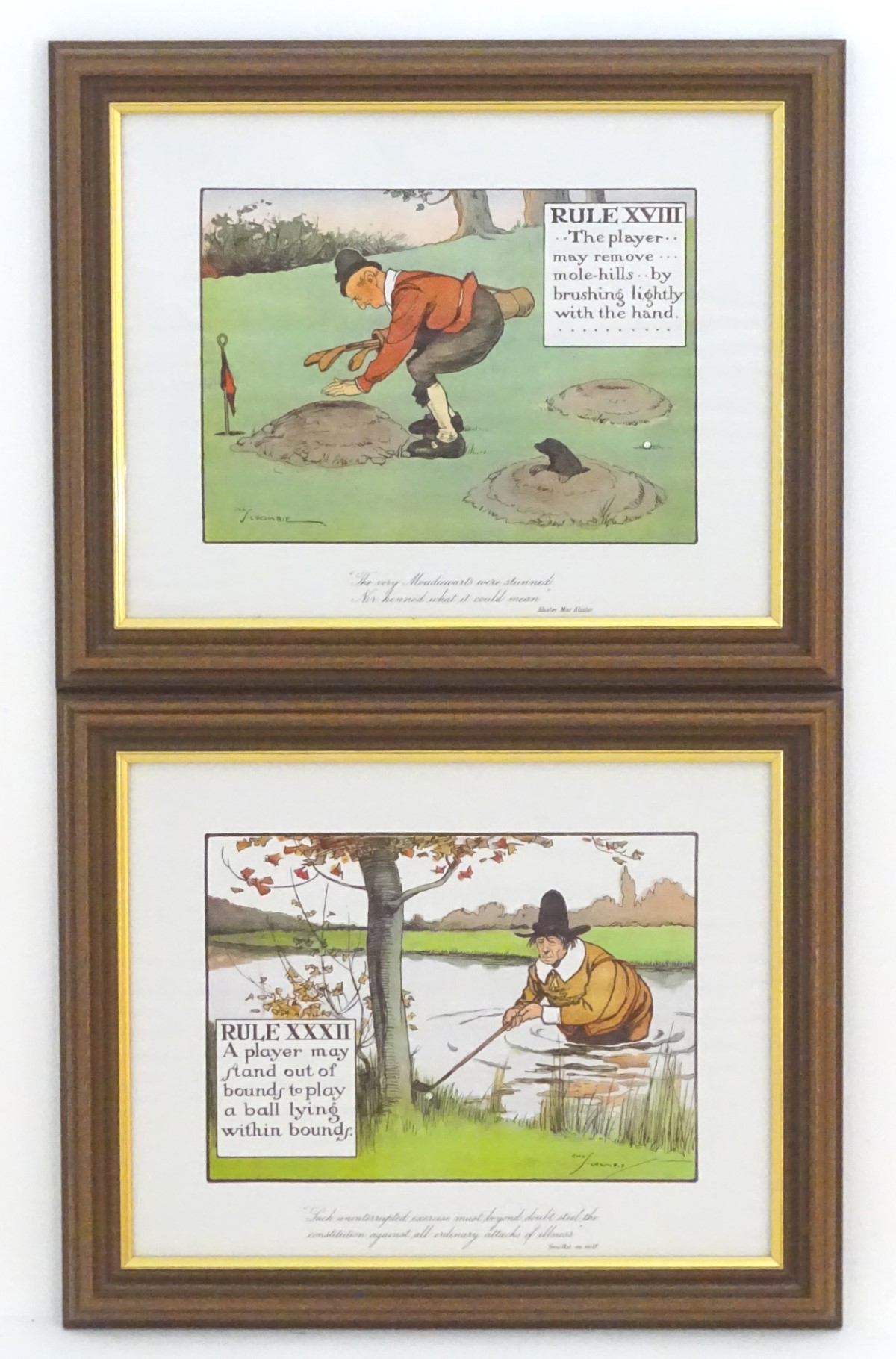 After Chas Crombie (1880-1967), English School, Humorous cartoon chromolithographs x2, The Rules