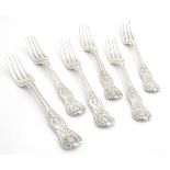 A set of 6 Geo IV silver kings pattern table forks engraved '49'. Hallmarked London 1828 maker