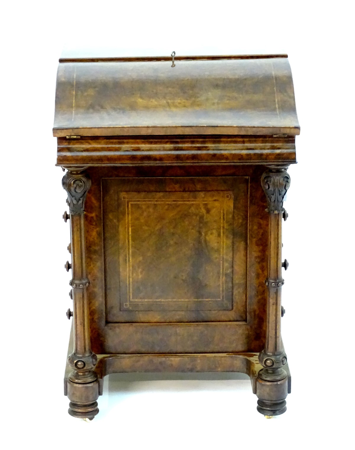 A mid 19thC burr walnut davenport with cross banding and decorative stringing, the top opening to - Image 4 of 11