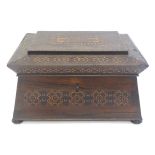 A 19thC rosewood Tunbridge ware hinged lidded box of caddy form with geometric inlay. Approx. 6" x