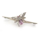 A white metal bar brooch set with insect / butterfly with purple white and red stones. Approx 2''