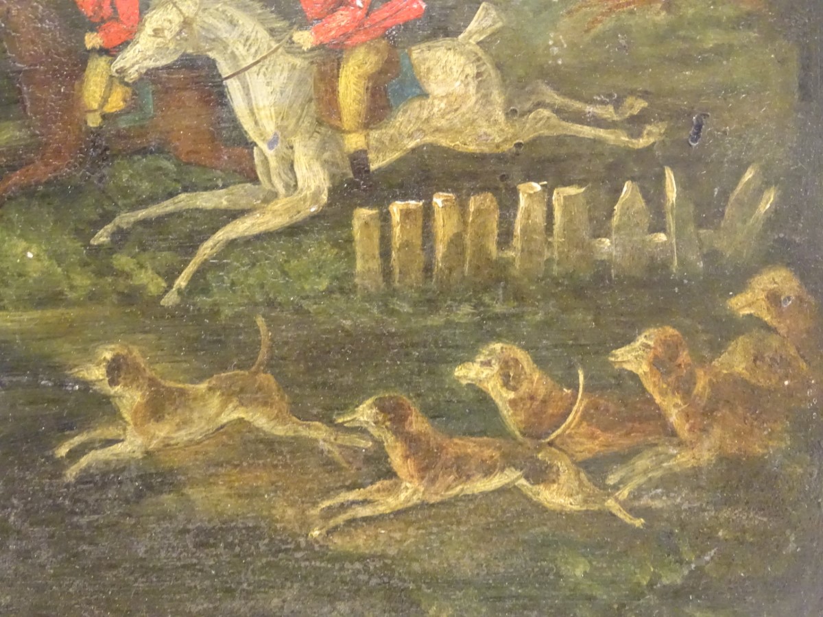 An early 19thC tole peinte tray, decorated with a stag hunting scene, with figures on horseback - Image 8 of 11