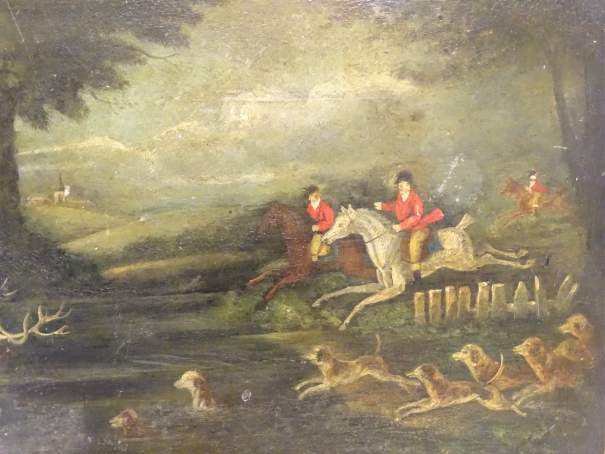 An early 19thC tole peinte tray, decorated with a stag hunting scene, with figures on horseback - Image 5 of 11