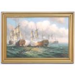 James Hardy, XX, Marine School, Oil on canvas board, A Naval sea battle, with war ships firing,