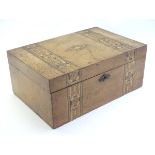 A Victorian walnut work box with marquetry / parquetry decoration. Approx. 5" x 12" x 8" Please Note