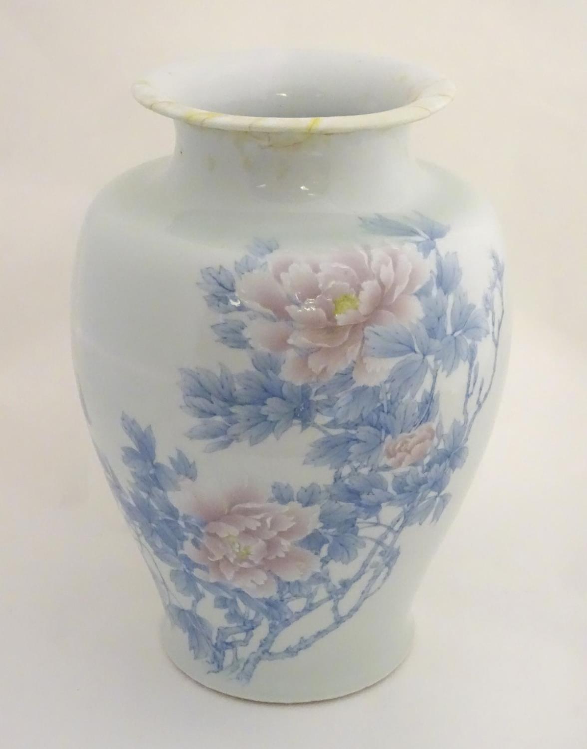 A Japanese Inoue Ryosai baluster vase with a flared rim, decorated with blue branches and leaves and - Image 3 of 8