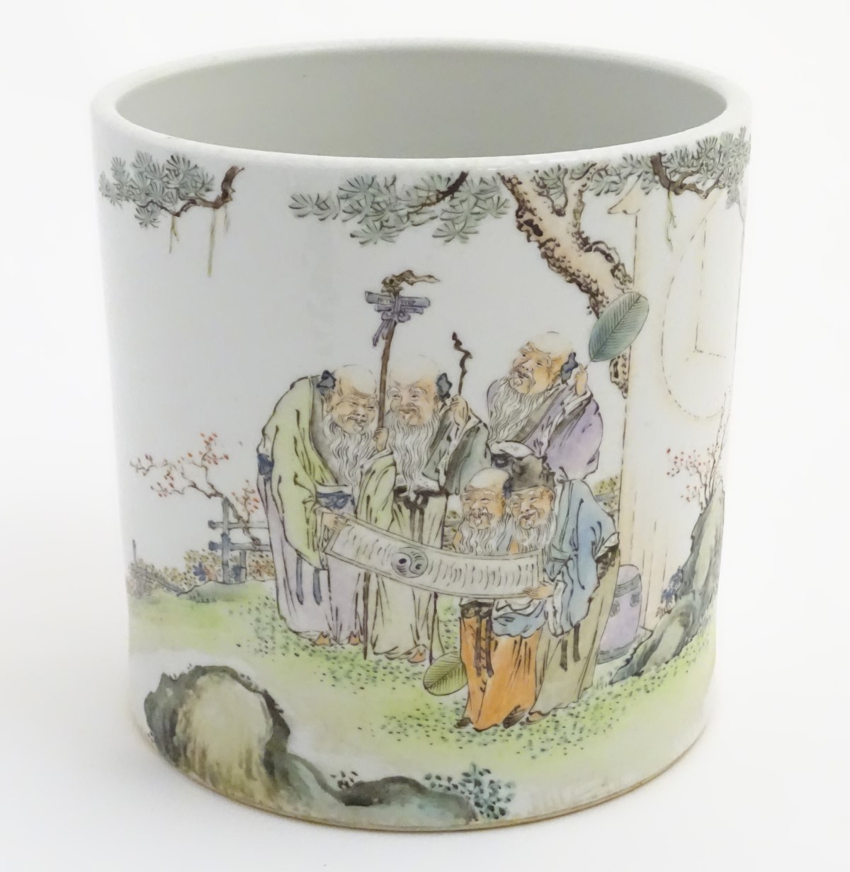 A large Chinese famille rose pot/planter, depicting five elders in a landscape with a scroll with - Image 5 of 8